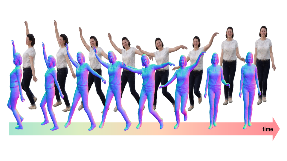 An animated human avatar shown as paired photo-realistic renders and normal maps along a motion sequence