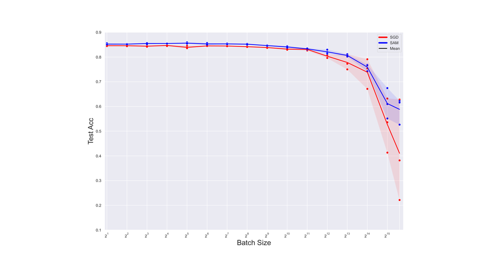 Test accuracy versus mini-batch size for SGD and SAM on a ResNet
